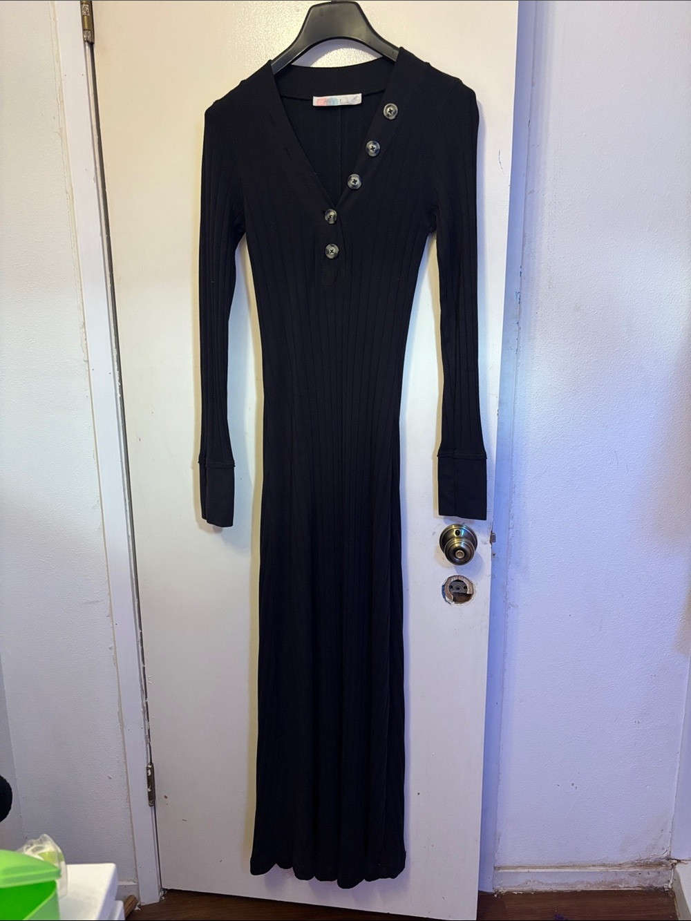 Free People Black Ribbed Long-Sleeve Maxi Dress with Asymmetric Button Placket